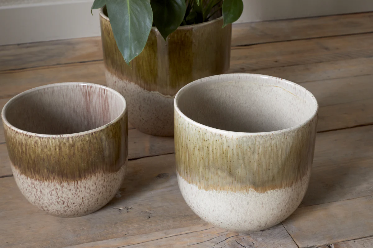 Almeida Reactive Glaze Plant Pot - Olive & Natural - Image 10