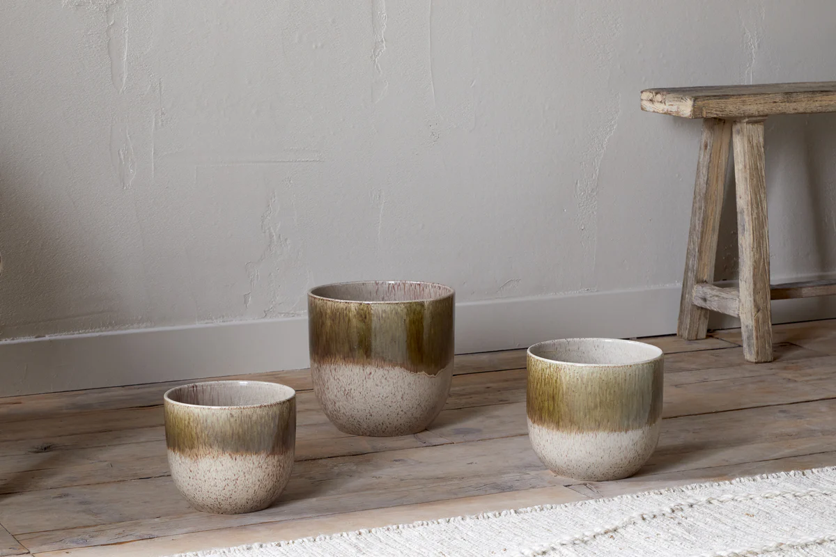 Almeida Reactive Glaze Plant Pot - Olive & Natural - Image 5