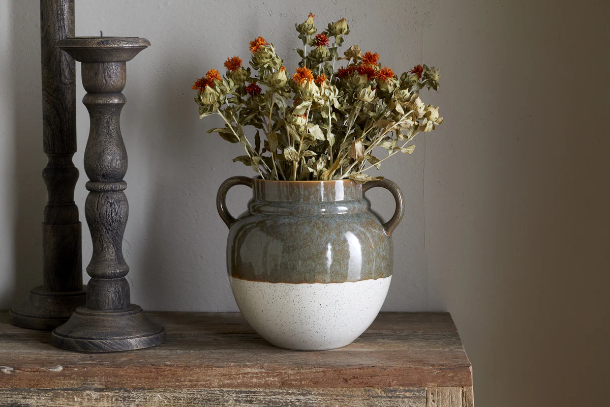 Inha Reactive Glaze Vase - Dark Olive & Natural
