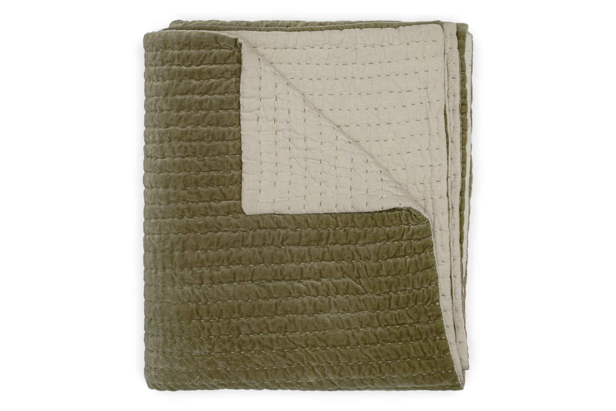 Nidra Velvet & Linen Bed Quilt - Moss - Image 6