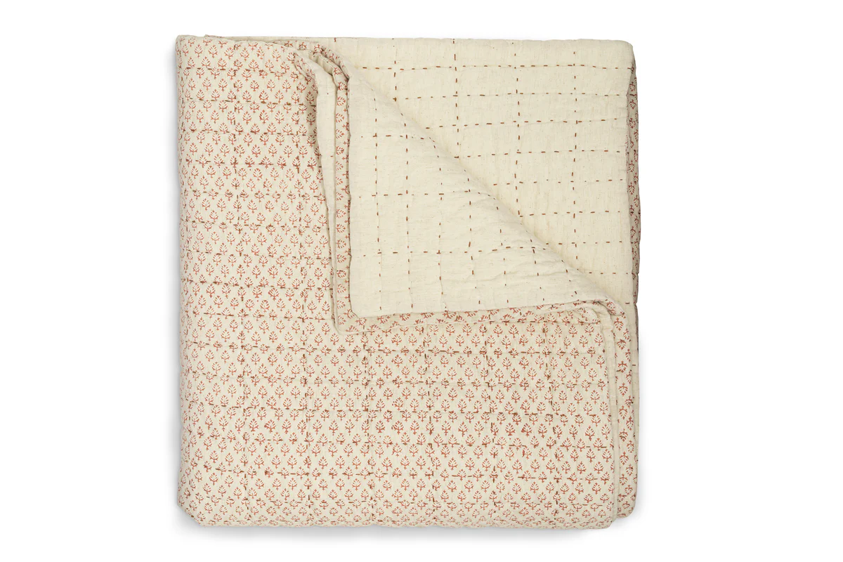 Peplu Cotton & Linen Screen Print Bed Quilt - Rust - Image 5