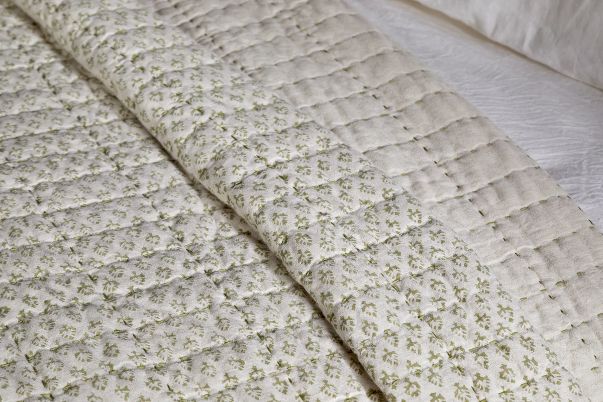 Peplu Cotton & Linen Screen Print Bed Quilt - Sage Green - Image 3