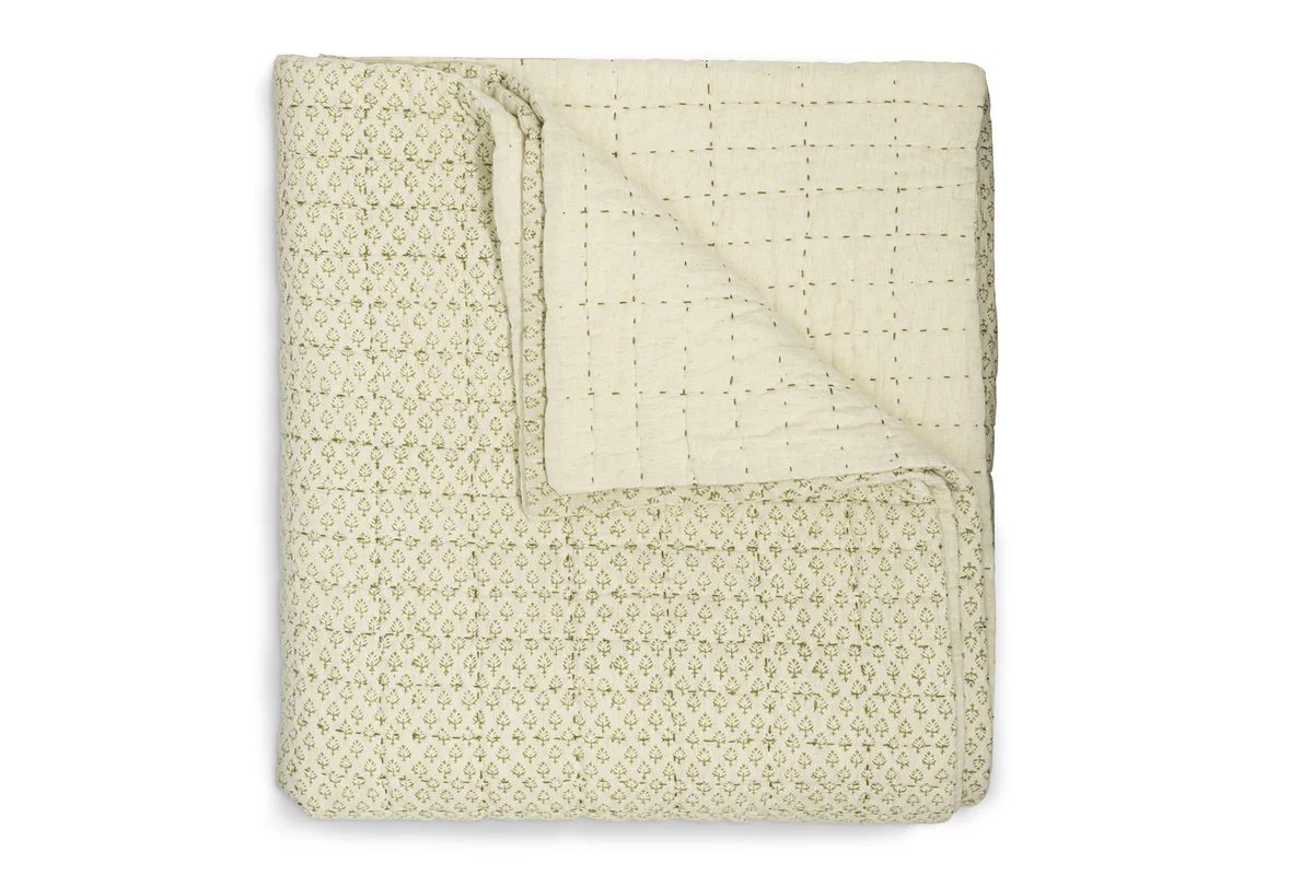 Peplu Cotton & Linen Screen Print Bed Quilt - Sage Green - Image 5