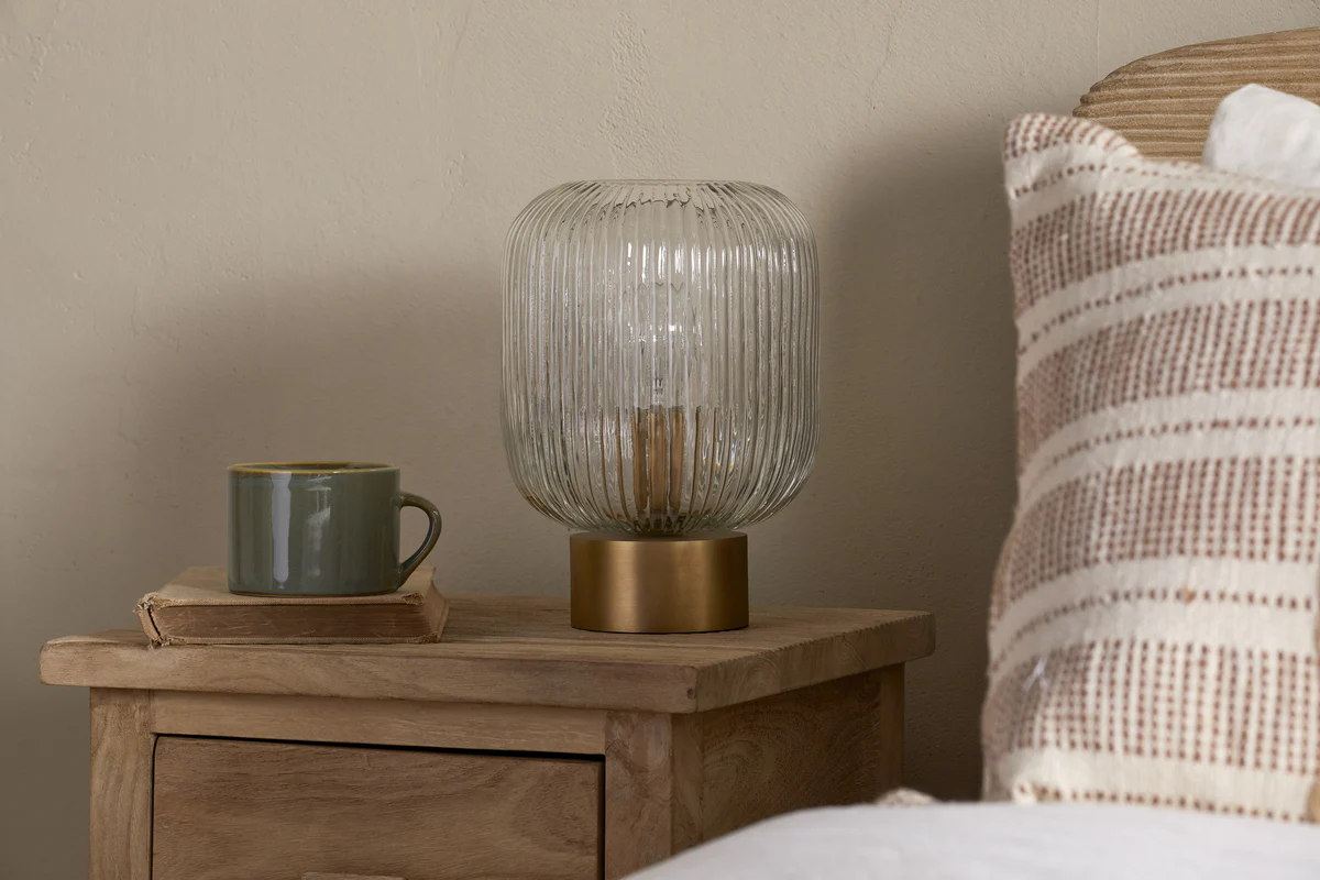 Rizal Fluted Glass Bedside Table Lamp - Antique Brass & Clear - Image 2