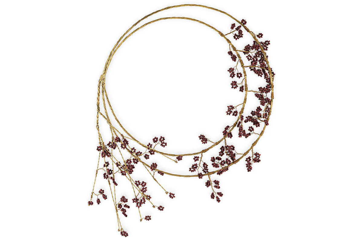 Tanu Layered Mango Wood Beaded Wreath - Brass & Ruby - Image 4