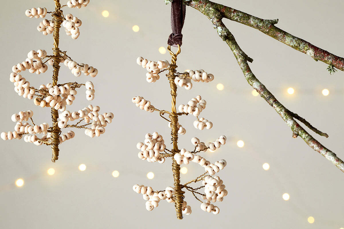 Tanu Mango Wood Beaded Baubles - Brass & Natural (Set of 3) - Image 2