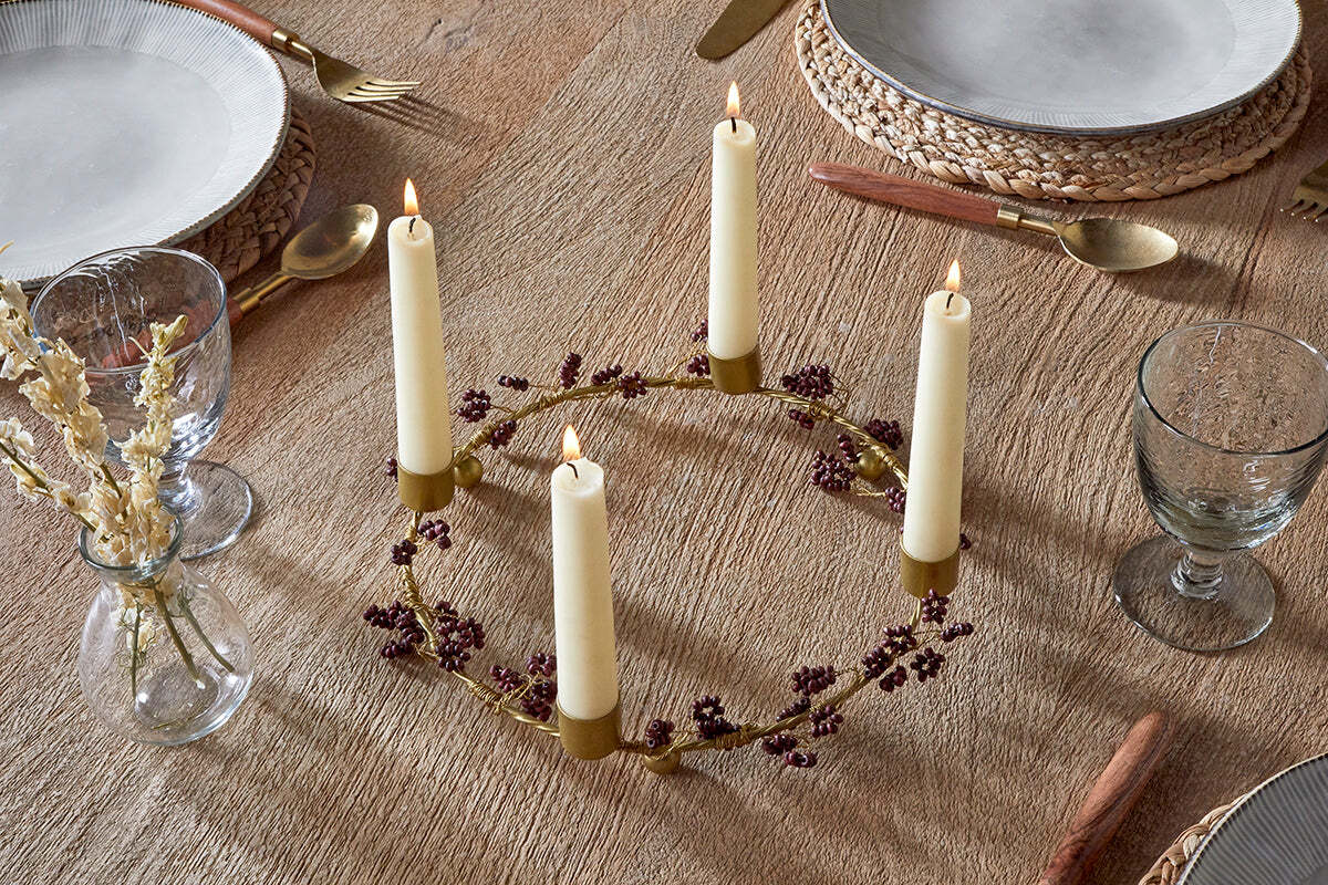Tanu Mango Wood Beaded Candle Holder - Brass & Ruby - Image 3