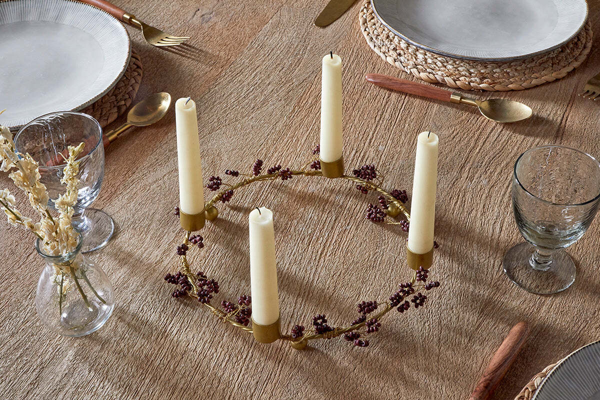 Tanu Mango Wood Beaded Candle Holder - Brass & Ruby - Image 4