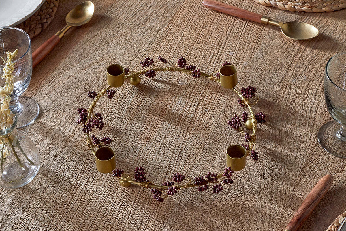 Tanu Mango Wood Beaded Candle Holder - Brass & Ruby - Image 5