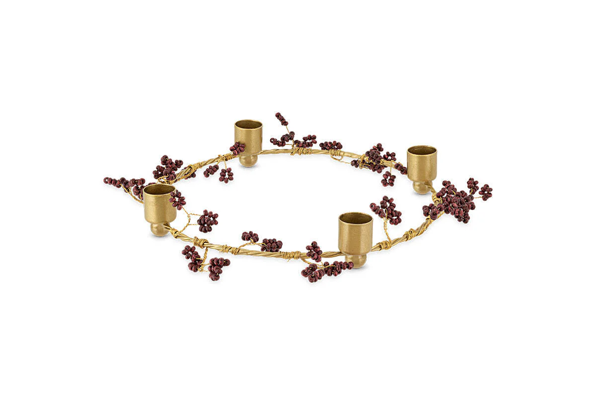 Tanu Mango Wood Beaded Candle Holder - Brass & Ruby - Image 7