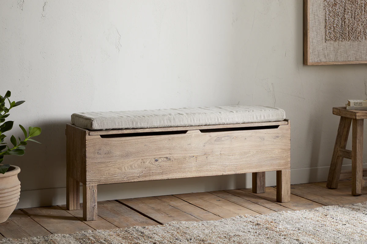 Teni Reclaimed Wood Storage Bench with Upholstered Linen Cushion - Natural - Image 3