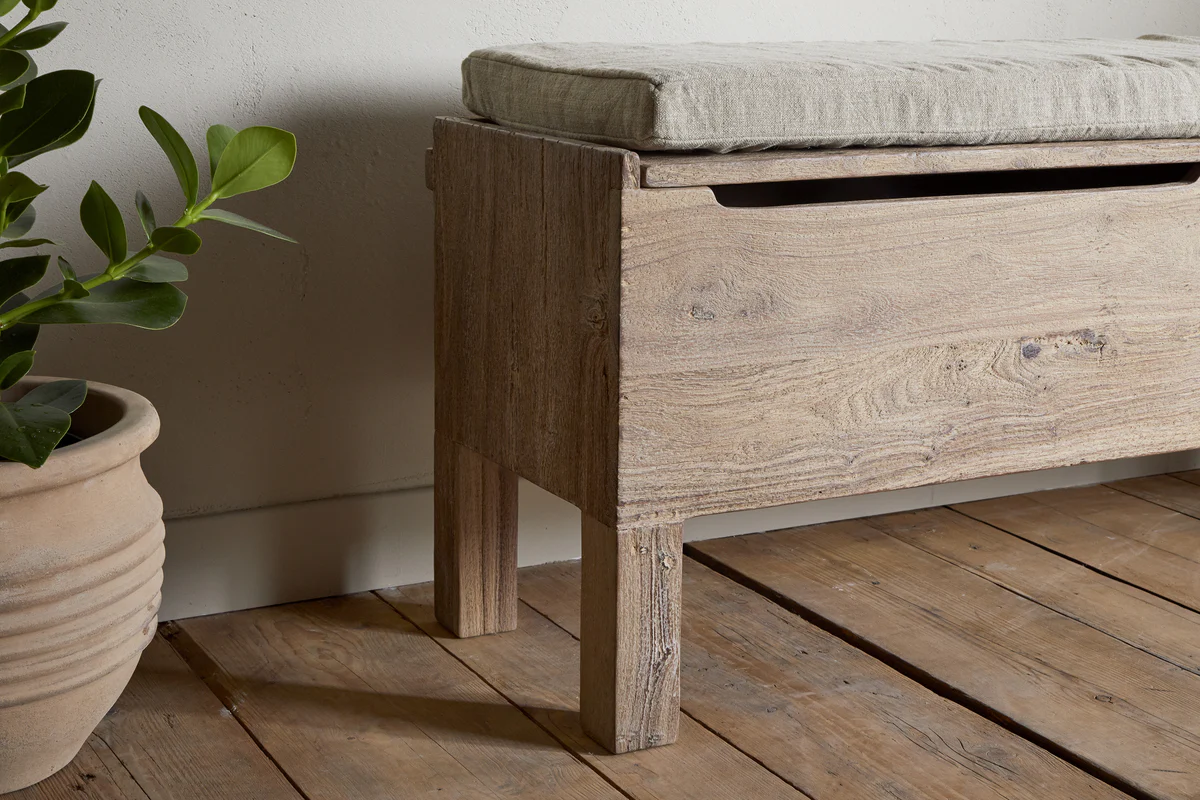 Teni Reclaimed Wood Storage Bench with Upholstered Linen Cushion - Natural - Image 4
