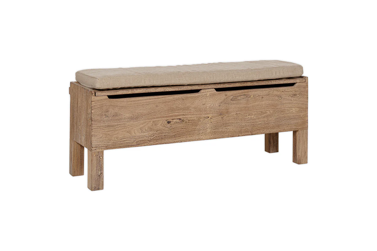 Teni Reclaimed Wood Storage Bench with Upholstered Linen Cushion - Natural - Image 7