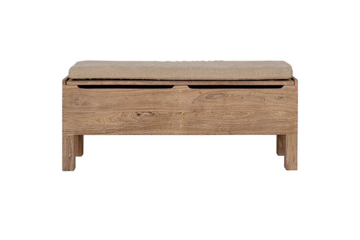 Teni Reclaimed Wood Storage Bench with Upholstered Linen Cushion - Natural - Image 9