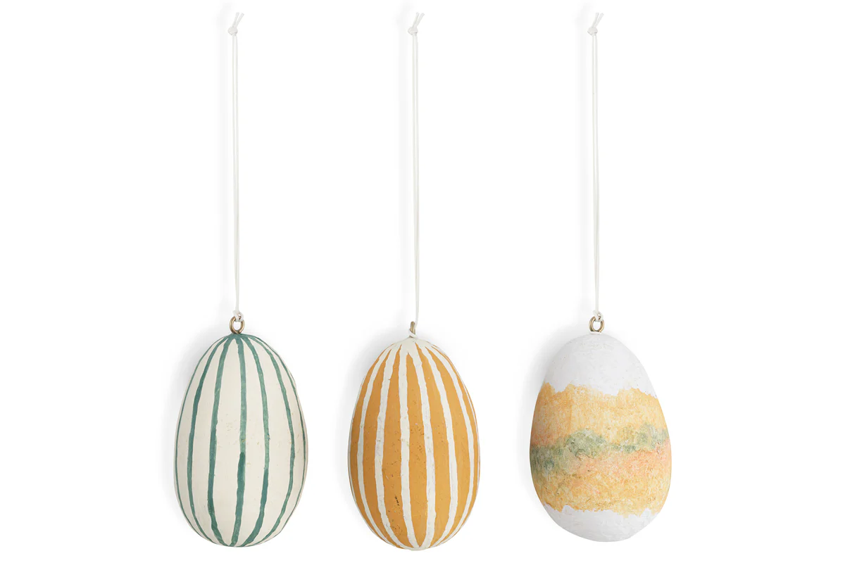 Terra Hand Painted Recycled Cotton Paper Hanging Egg - Teal, Cream & Ochre - (Set of 3) - Image 4