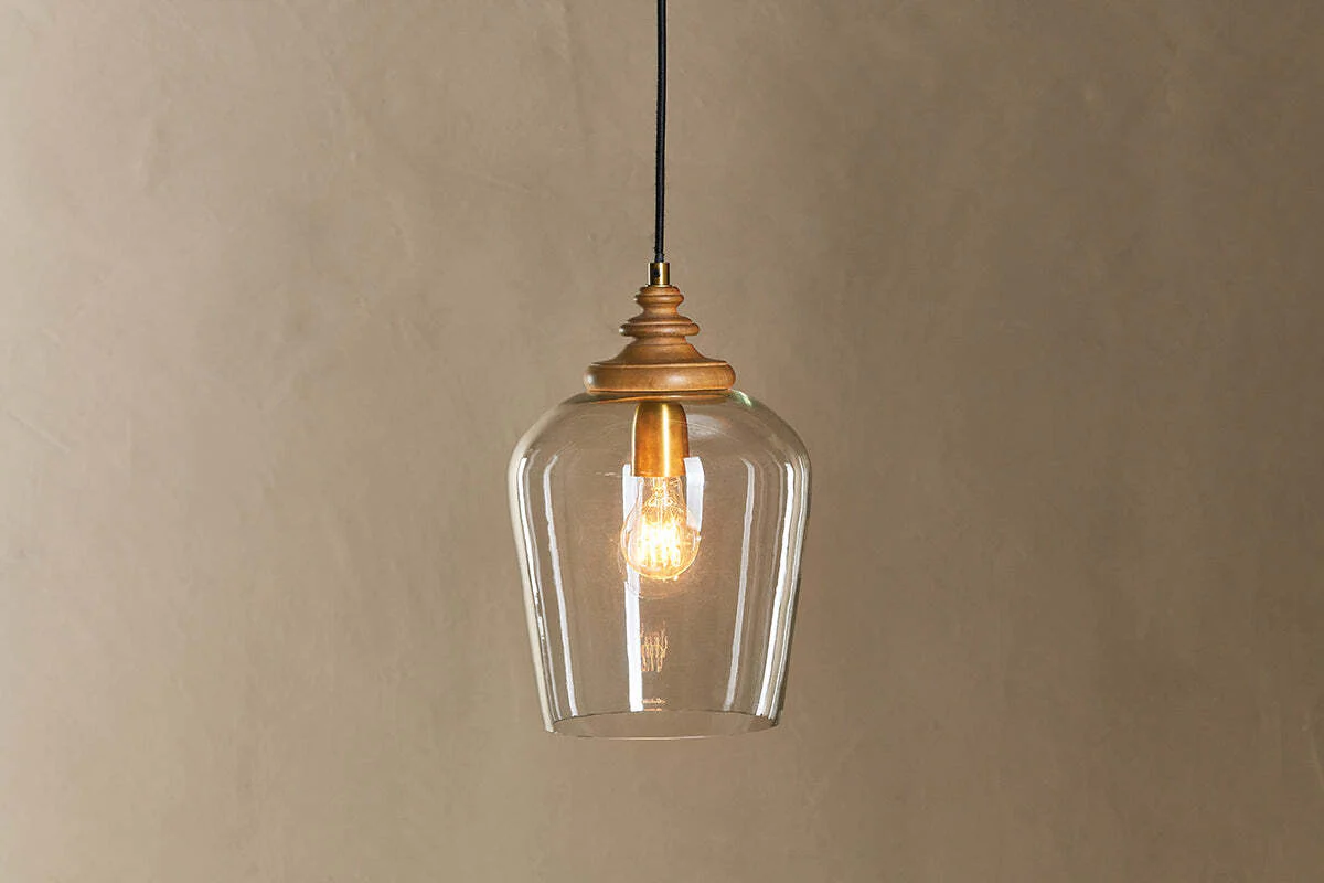 Varuna Mango Wood & Glass Pendant Lamp - Natural & Clear